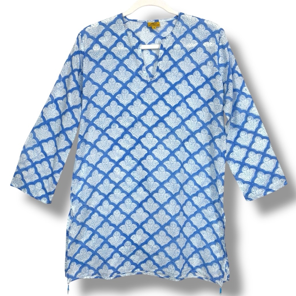 Roberta Roller Rabbit Amanda Kurta Blue White Beaded Tassel Cotton Small